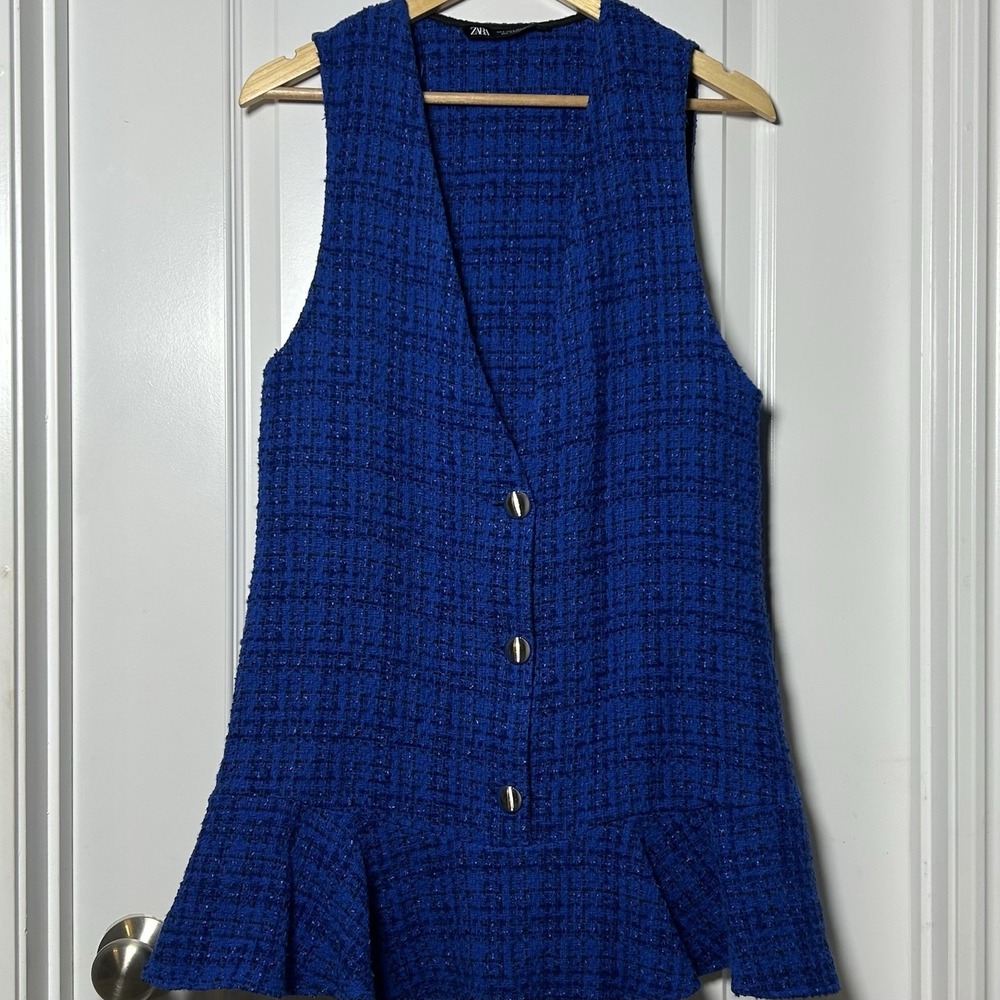 Zara Royal Blue Lurex Tweed Boucle Peplum Mini Dress‎ Old Money Preppy Style